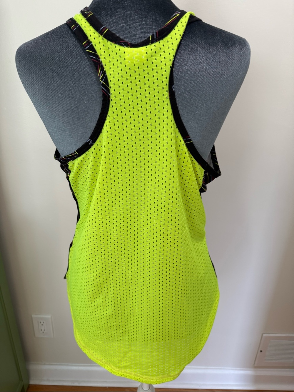 Zumba Fitness Neon Yellow Mesh Top with Black Trim and Multicolor Stripe Detail - Picture 8 of 13